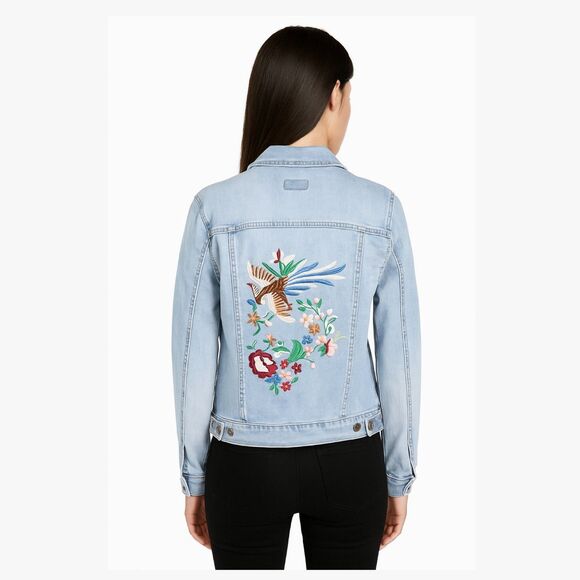 Custom Embroidered ASOS Denim Jean Jacket Light Blue Wash Bird Floral Size S - Picture 1 of 11